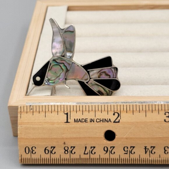 Vintage Mexican Abalone & Onyx Alpaca Silver Hummingbird Brooch Pin - Picture 6 of 7